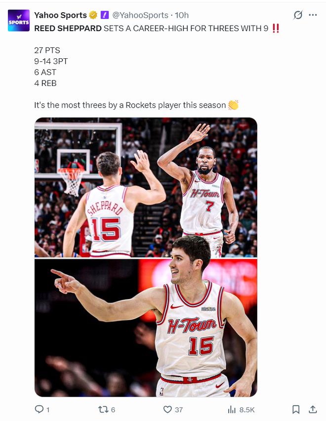 谢泼德狂砍27分创生涯三分新高 火箭险胜雄鹿迎